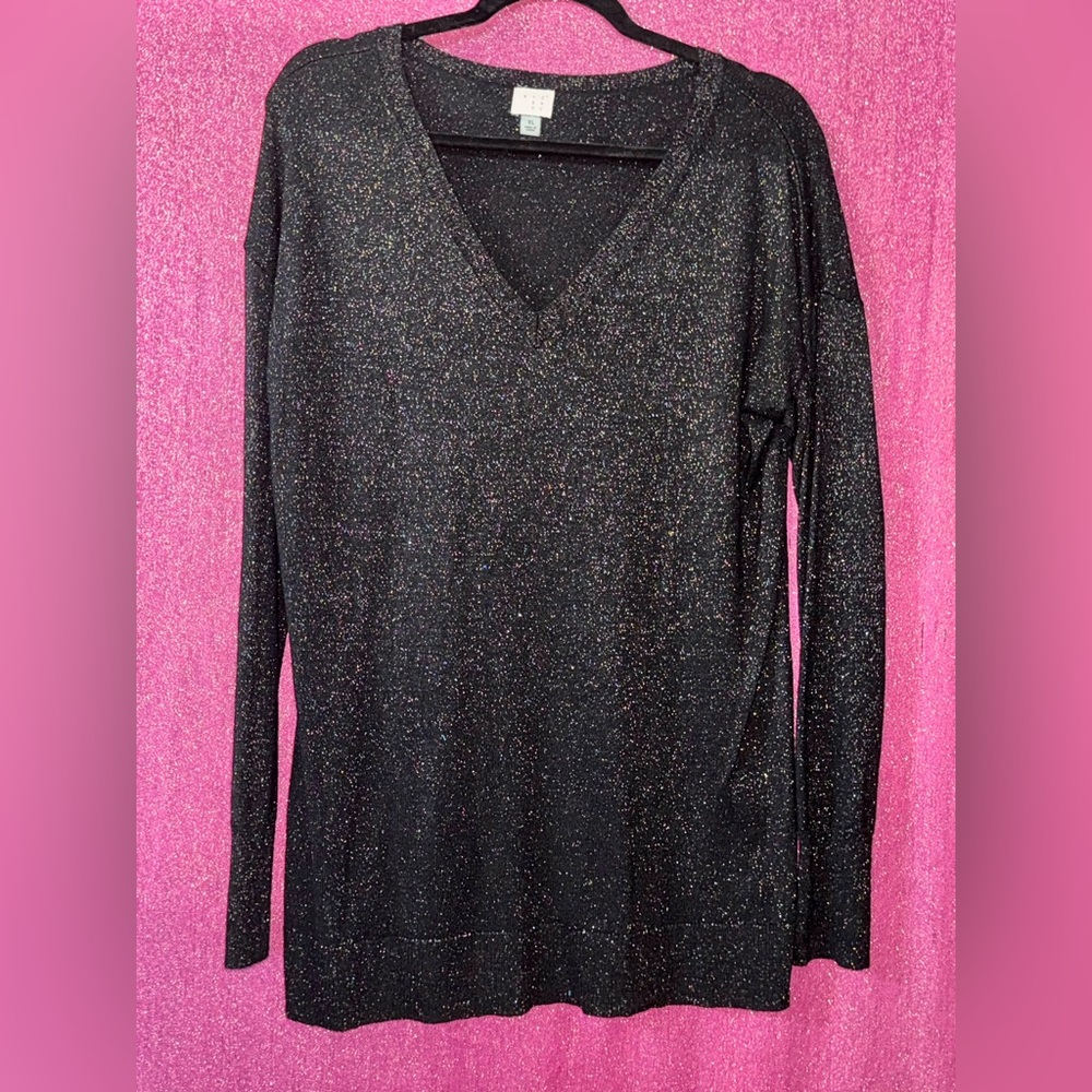 Target A NEW DAY Black & Rainbow Sparkle V Neck Sweater New Without Tags XL